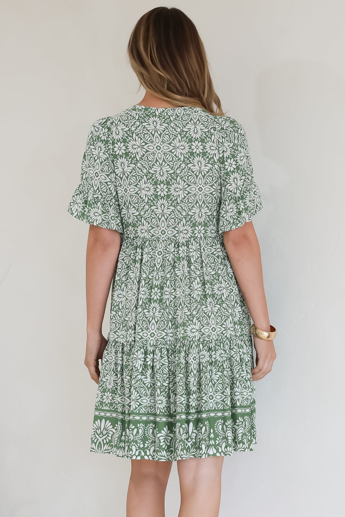 Abilia Mini Dress - Mandarin Collar Smock Dress in Harley Print Green