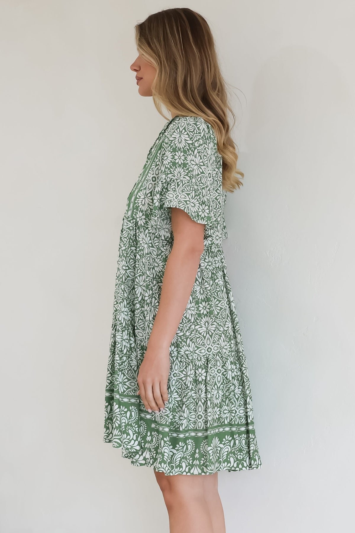 Abilia Mini Dress - Mandarin Collar Smock Dress in Harley Print Green