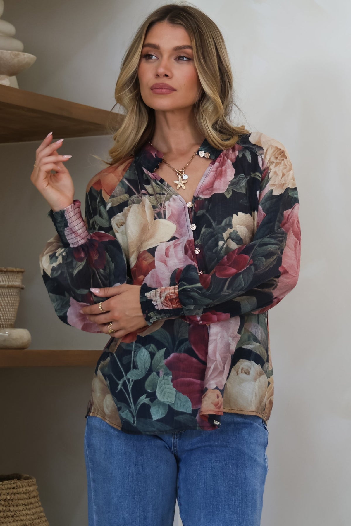 Adora Top - Mandarin Collar Button-Down with Long Balloon Sleeves in Annalisa Print