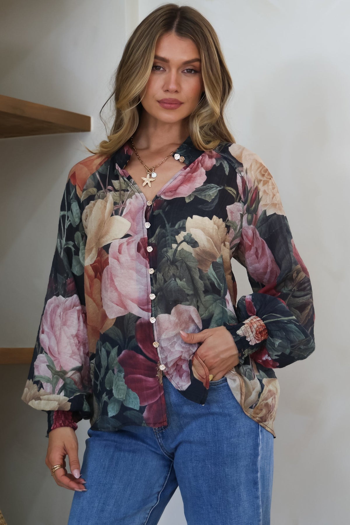 Adora Top - Mandarin Collar Button-Down with Long Balloon Sleeves in Annalisa Print