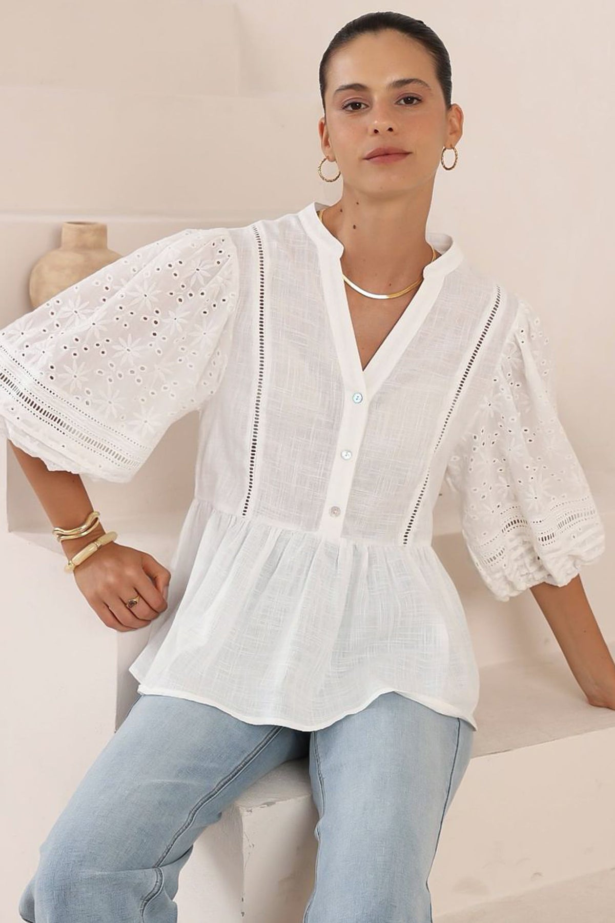 Alberta Blouse - Mandarin Collar Cut Out Embelished Balloon Sleeve Top in White