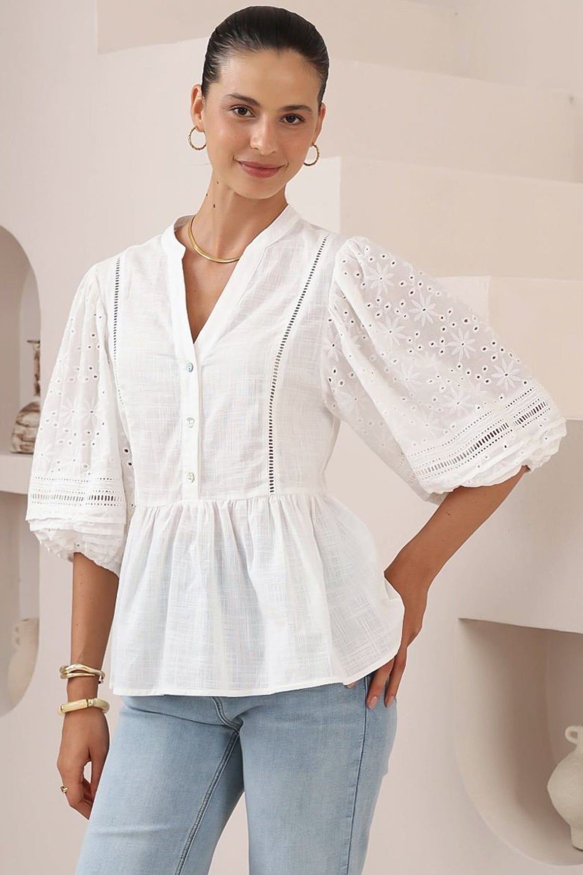 Alberta Blouse - Mandarin Collar Cut Out Embelished Balloon Sleeve Top in White