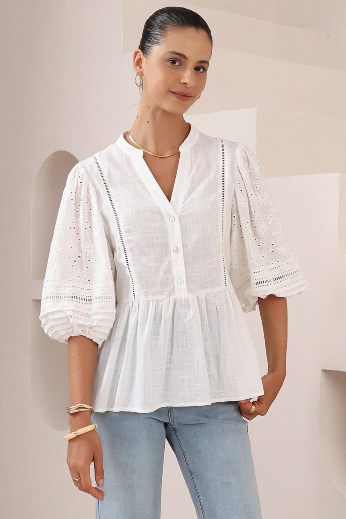 Alberta Blouse - Mandarin Collar Cut Out Embelished Balloon Sleeve Top in White
