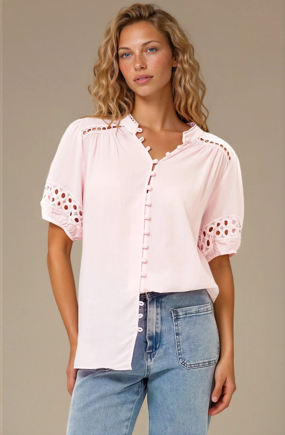Alenna Shirt - Mandarin Collar Cut Out Detailed Short Sleeve Button Down in Pink