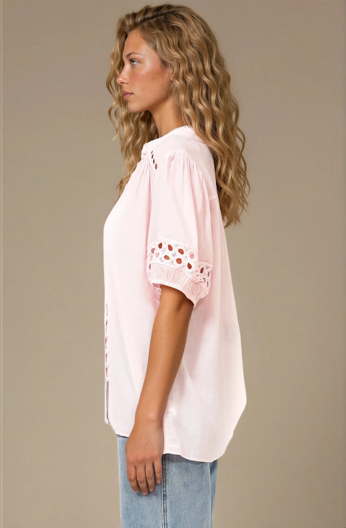 Alenna Shirt - Mandarin Collar Cut Out Detailed Short Sleeve Button Down in Pink