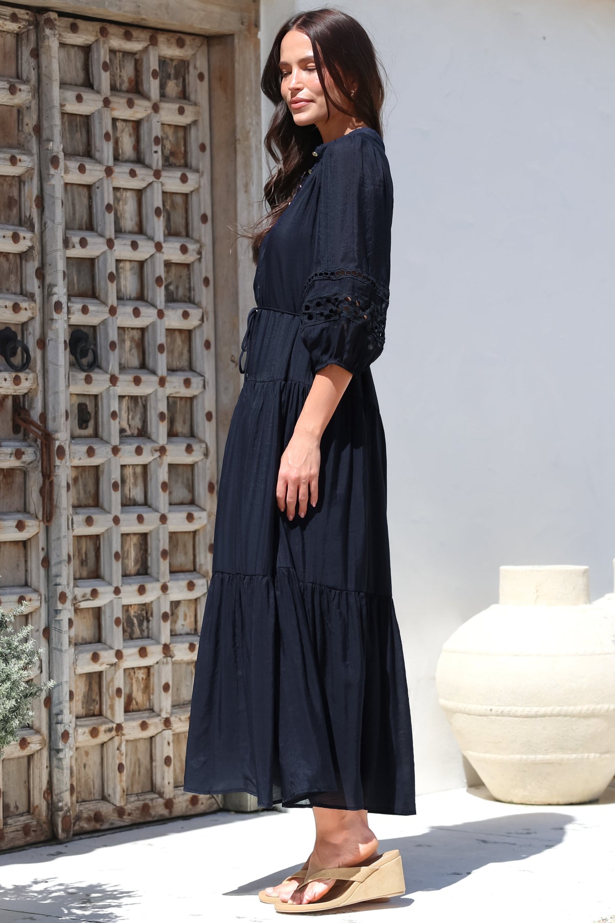 Alexander Maxi Dress - Mandarin Collar Tiered Dress with 3/4 Hollow Out Detailed Sleeves in Navy