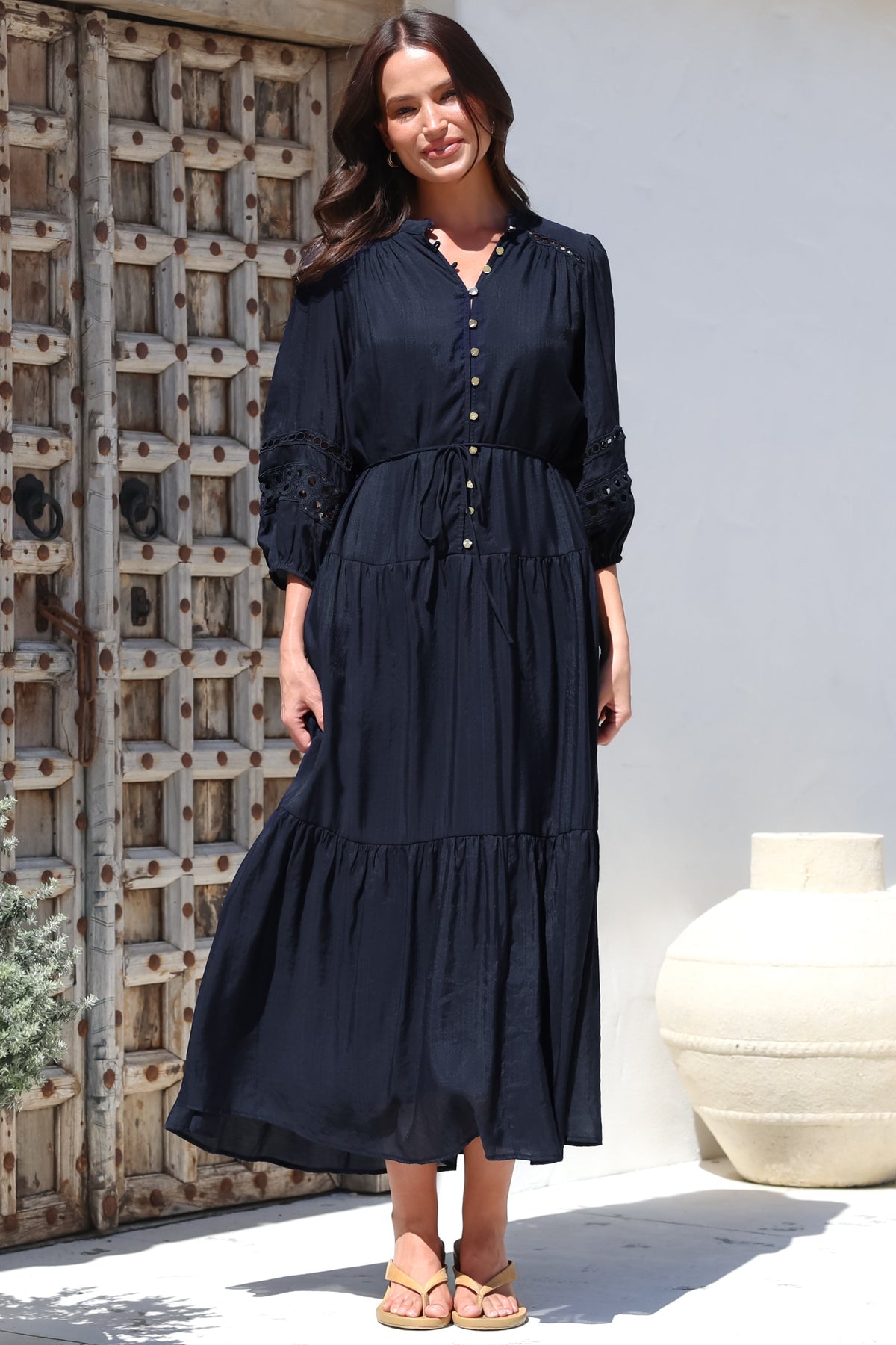 Alexander Maxi Dress - Mandarin Collar Tiered Dress with 3/4 Hollow Out Detailed Sleeves in Navy