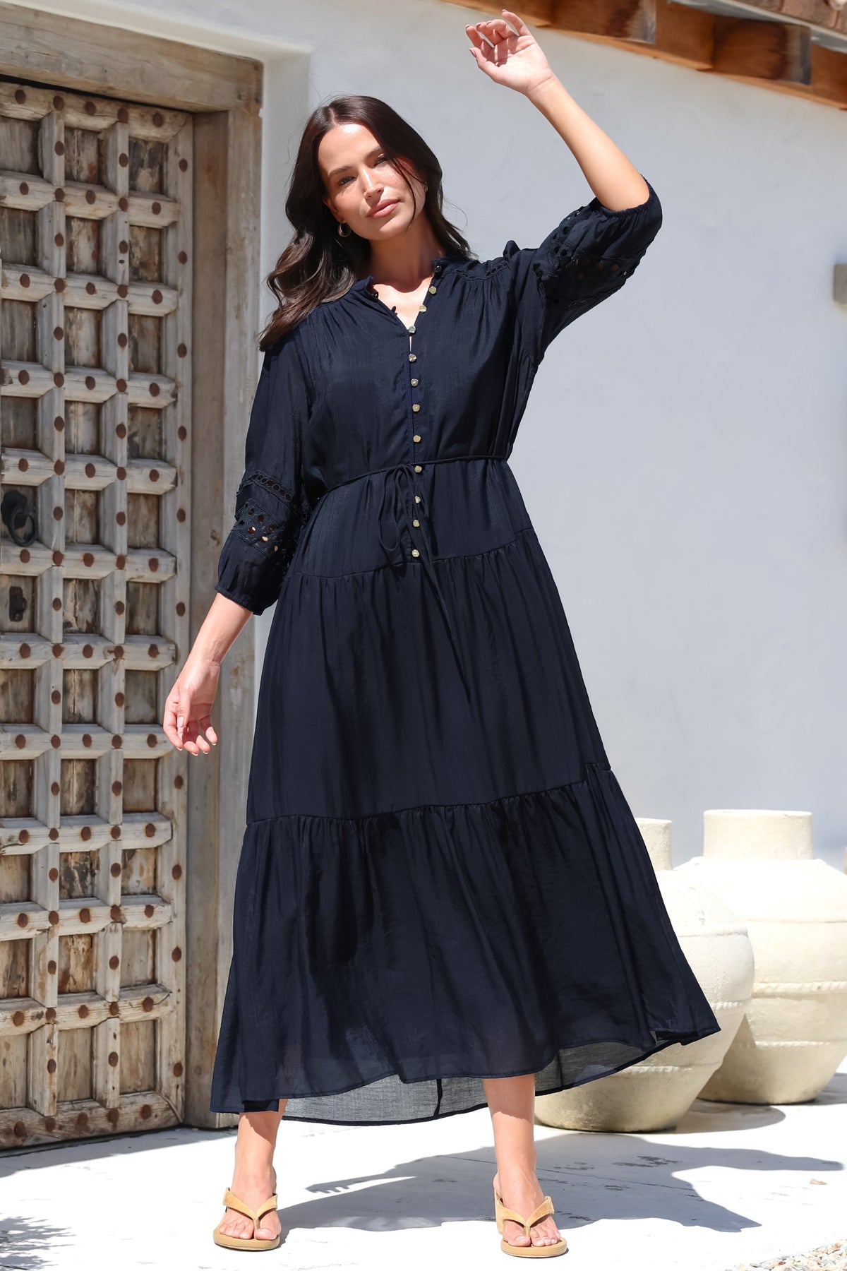 Alexander Maxi Dress - Mandarin Collar Tiered Dress with 3/4 Hollow Out Detailed Sleeves in Navy