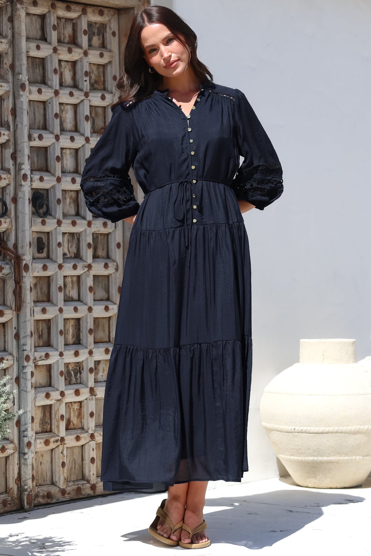 Alexander Maxi Dress - Mandarin Collar Tiered Dress with 3/4 Hollow Out Detailed Sleeves in Navy