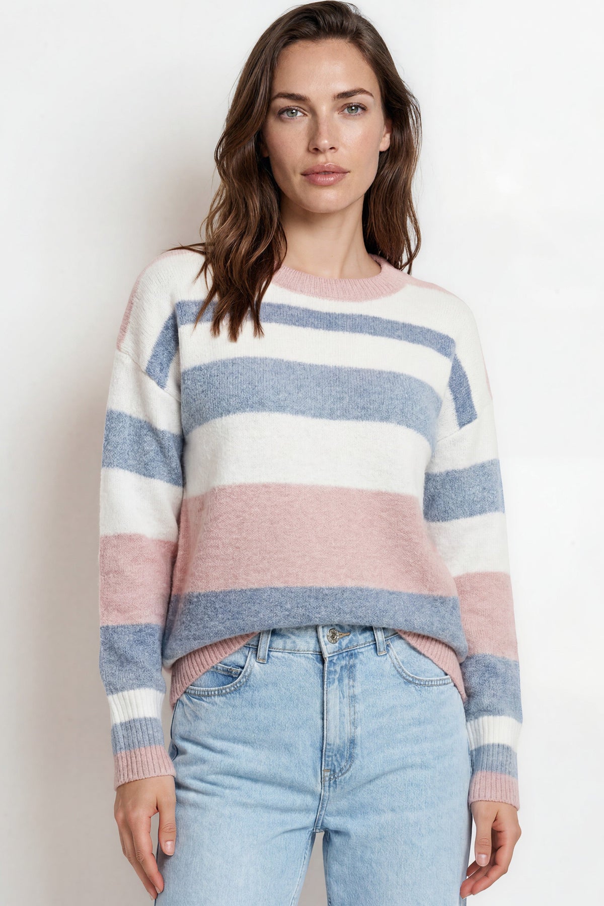 Alfie Jumper - Crew Neck Stripe Knit with Ribbed Hemlines in Blue