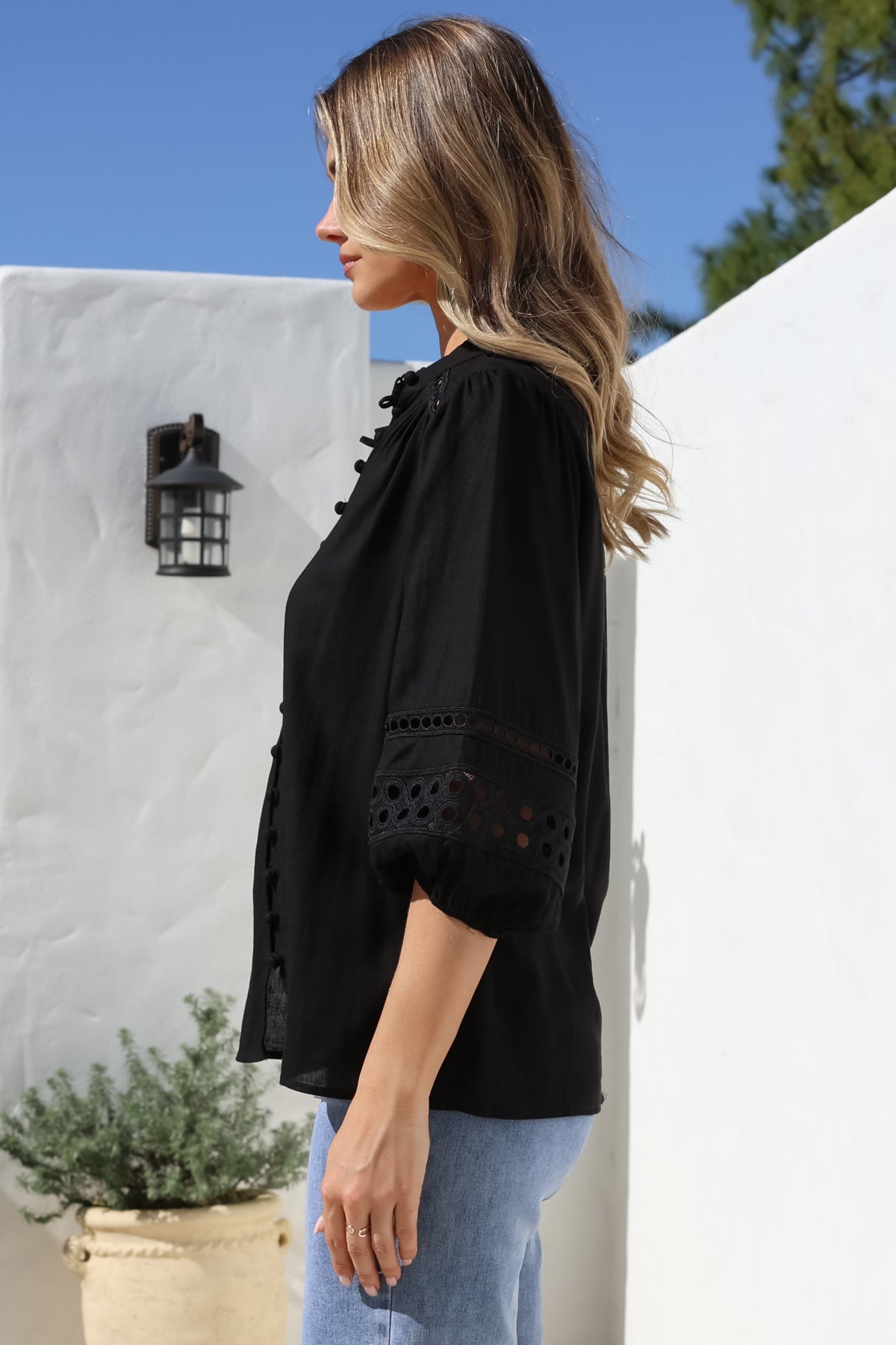 Alyce Shirt - Mandarin Collar Cut Out Detailed Sleeve Button Down in Black