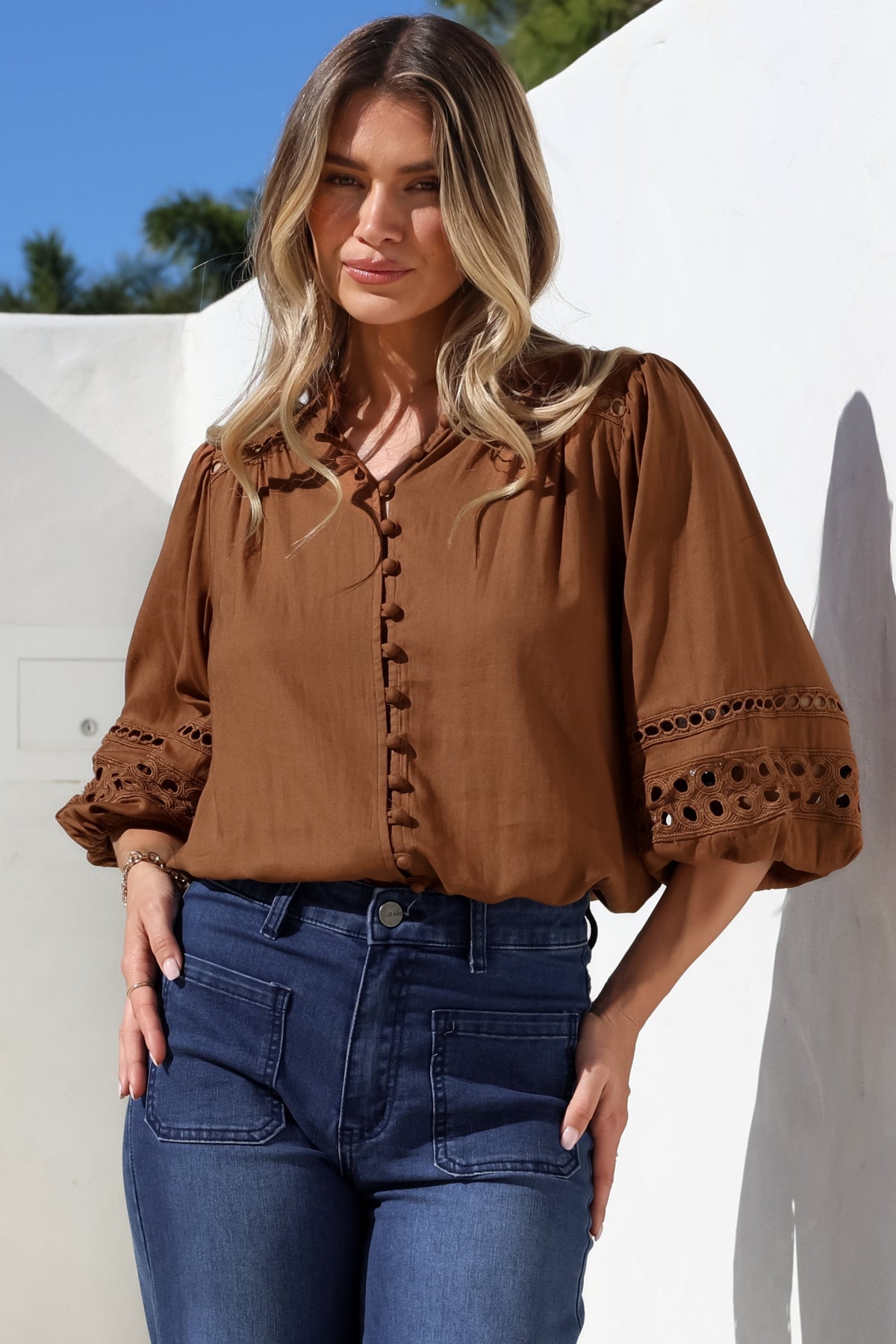 Alyce Shirt - Mandarin Collar Cut Out Detailed Sleeve Button Down in Tan