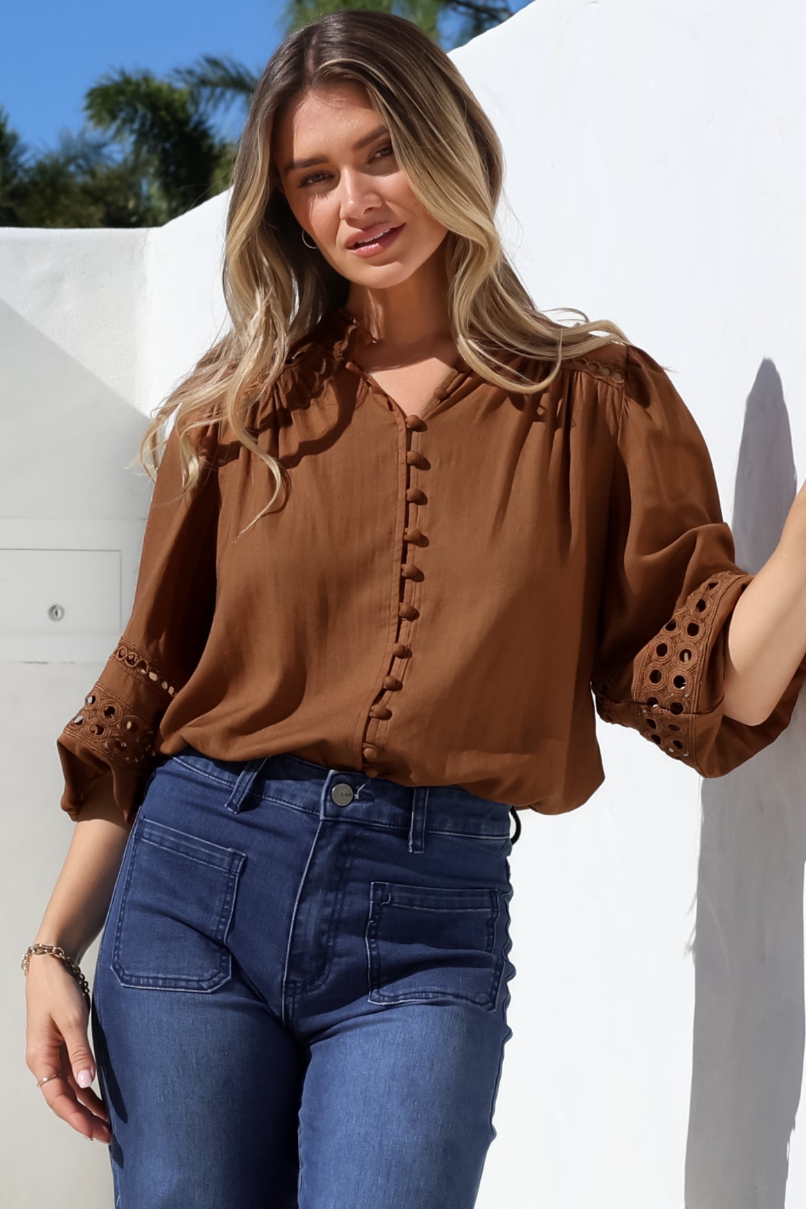 Alyce Shirt - Mandarin Collar Cut Out Detailed Sleeve Button Down in Tan