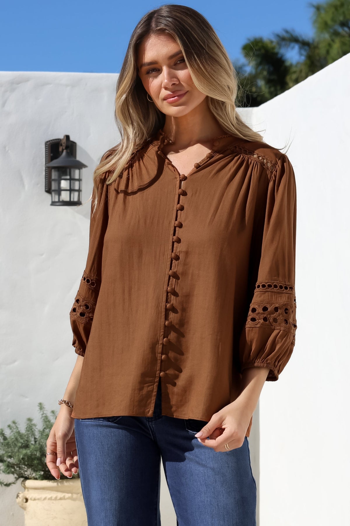 Alyce Shirt - Mandarin Collar Cut Out Detailed Sleeve Button Down in Tan