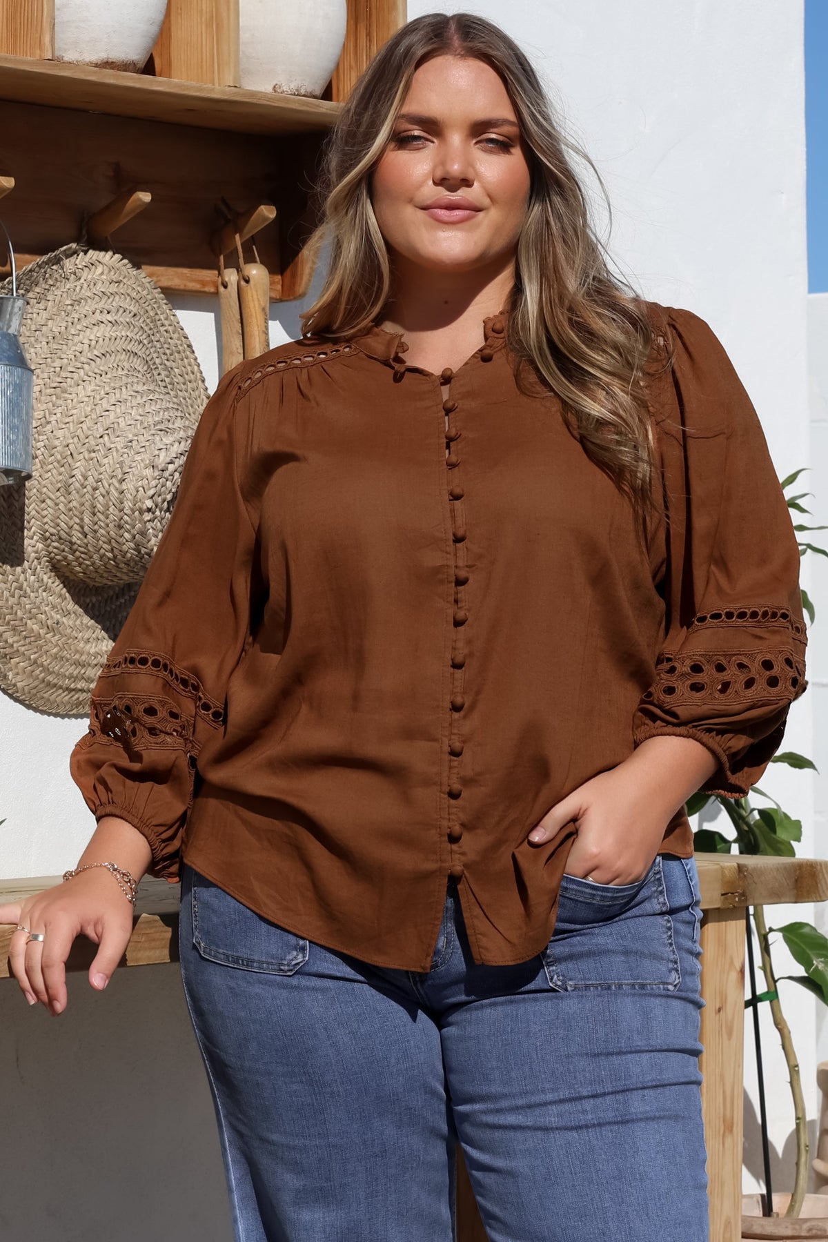 Alyce Shirt - Mandarin Collar Cut Out Detailed Sleeve Button Down in Tan