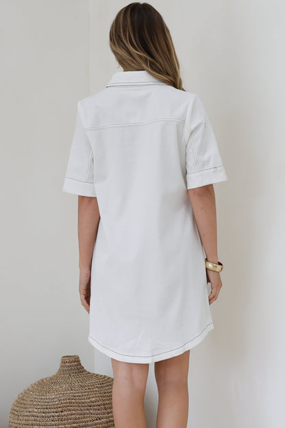 Alyssa Mini Dress - Collared Button-Down Denim Shirt Dress in White