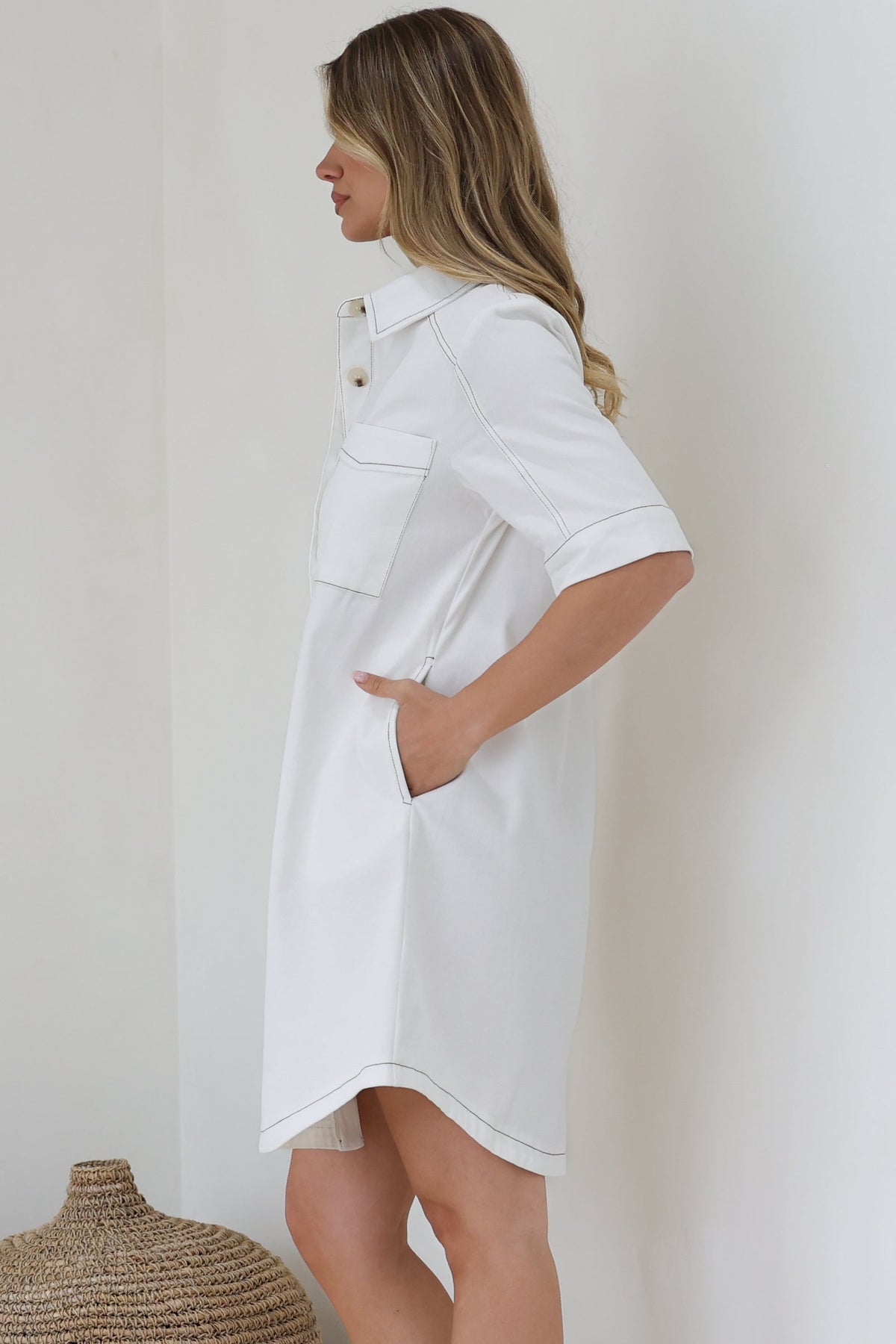 Alyssa Mini Dress - Collared Button-Down Denim Shirt Dress in White