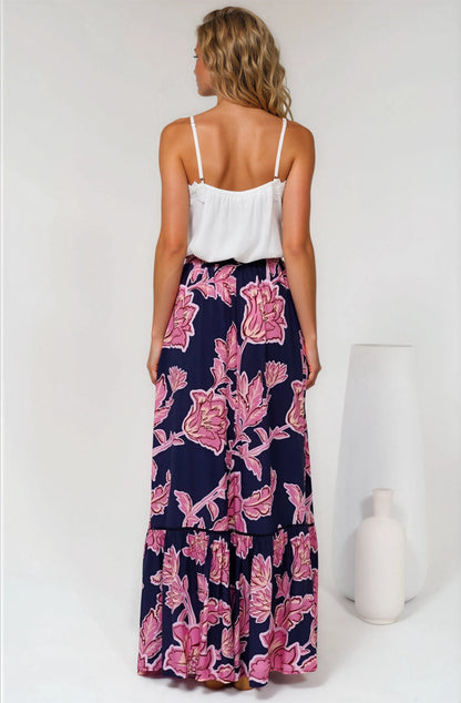 Amana Maxi Skirt - Tiered Skirt with Ladder Lace Insert Splicing in Kalia Print Navy