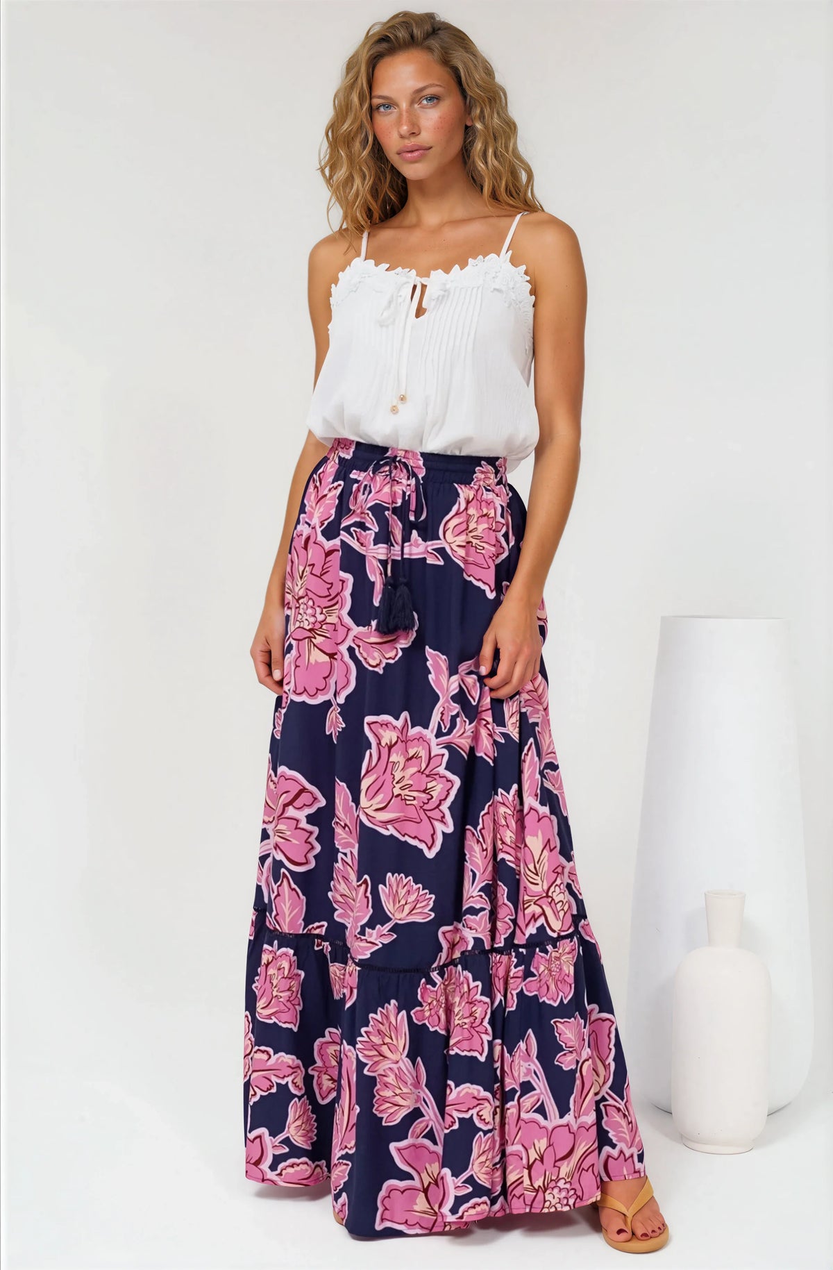 Amana Maxi Skirt - Tiered Skirt with Ladder Lace Insert Splicing in Kalia Print Navy