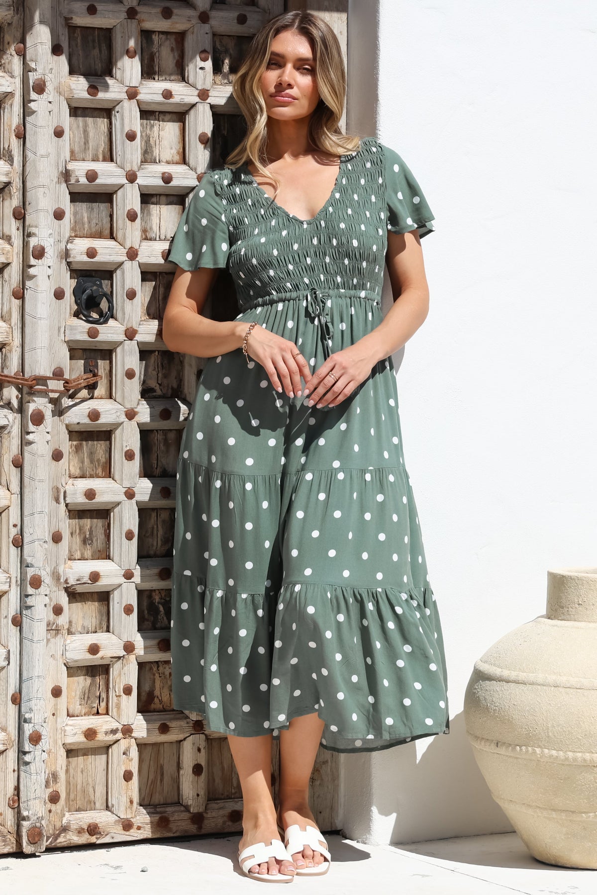 Amaya Midi Dress - Shirred Cap Sleeve A Line Dress in Parisian Polka Khaki