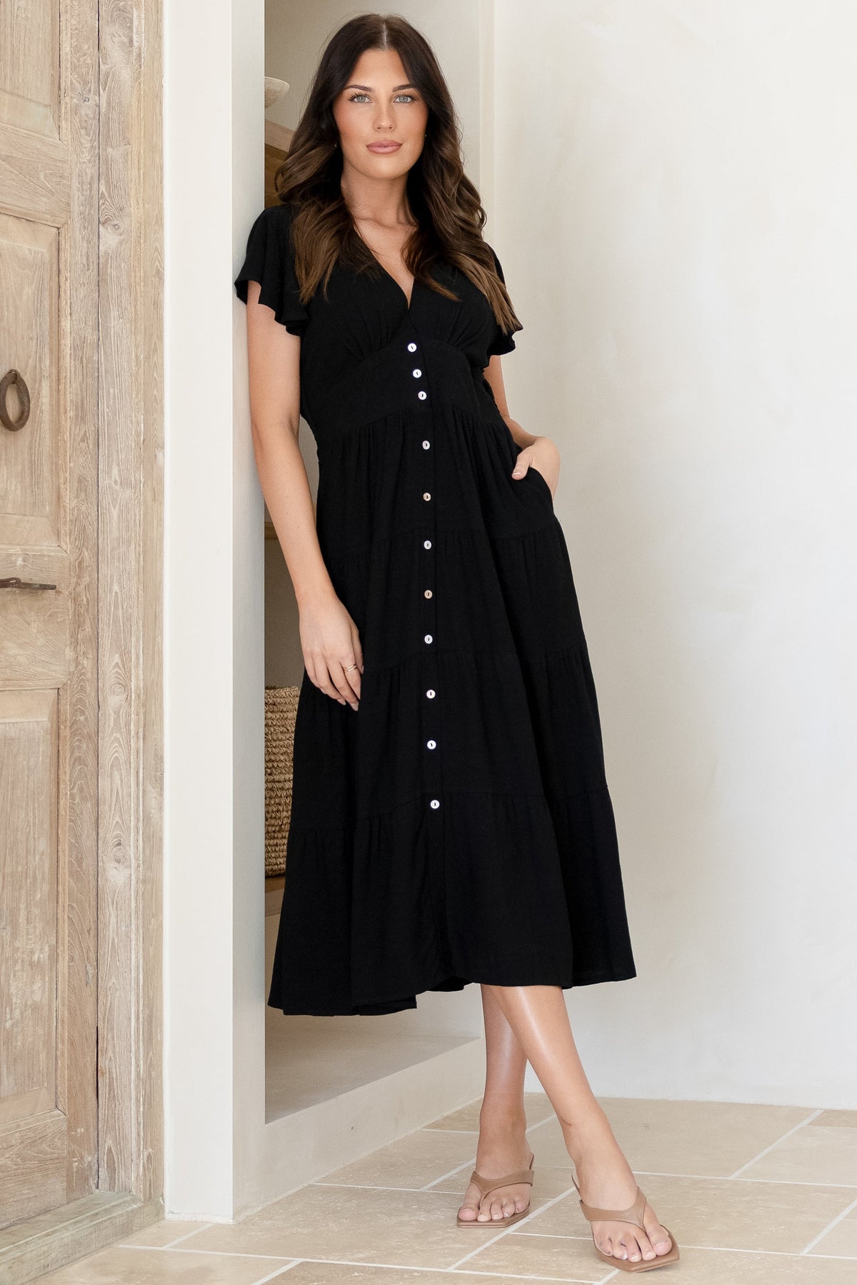 Amy Midi Dress - Flutter Cap Sleeve Buttoned Down V Neck Dress in Black
