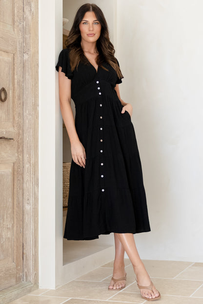 Amy Midi Dress - Flutter Cap Sleeve Buttoned Down V Neck Dress in Black