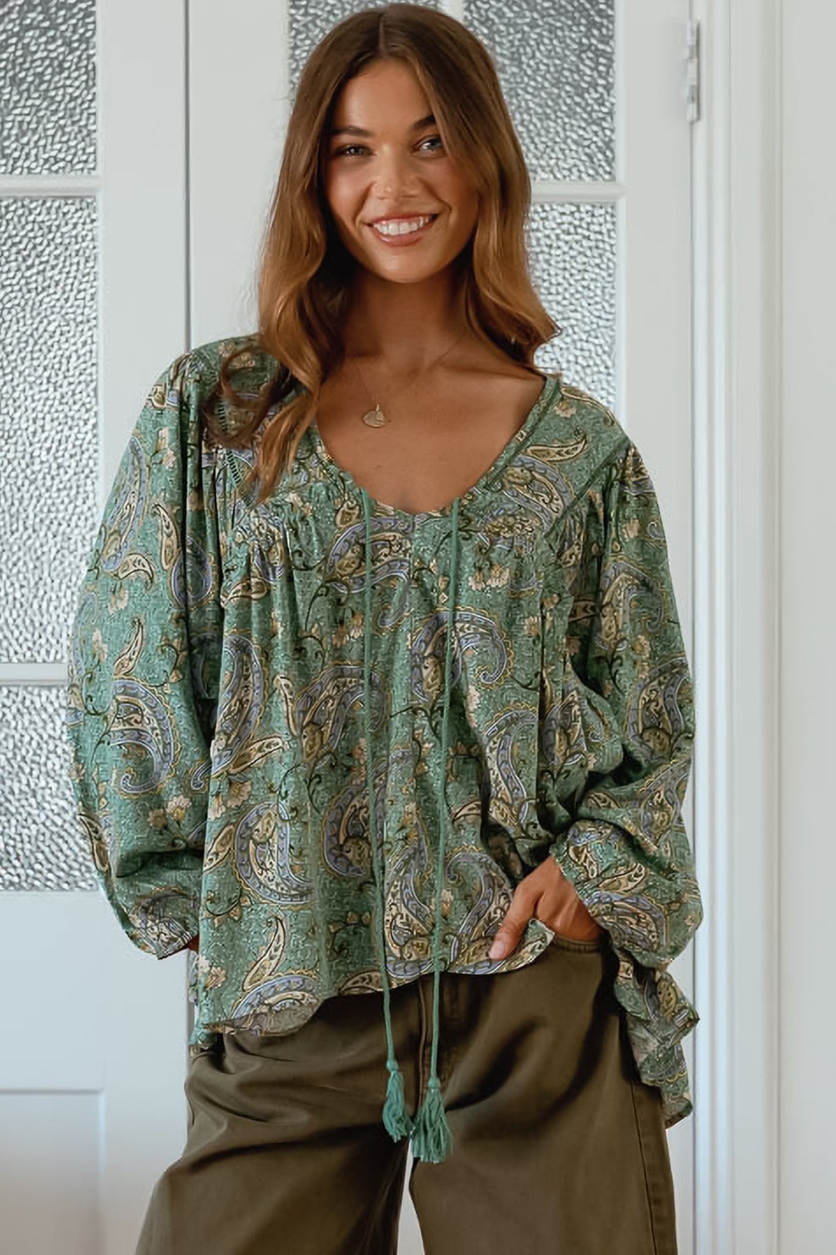 JAASE - Anna Top: Crochet Detailed Pull Over with Long Balloon Sleeves in Sagewood Print