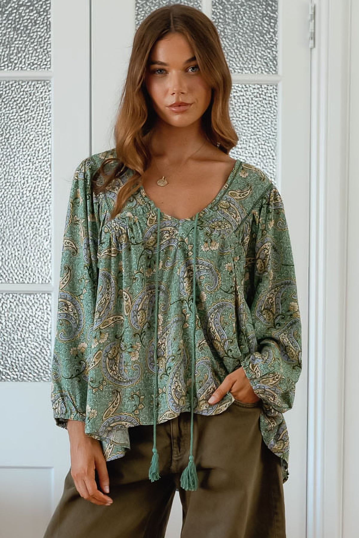 JAASE - Anna Top: Crochet Detailed Pull Over with Long Balloon Sleeves in Sagewood Print