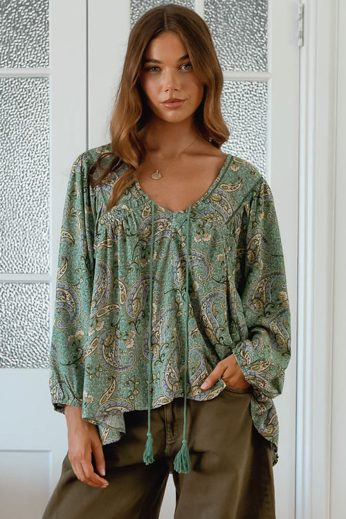 JAASE - Anna Top: Crochet Detailed Pull Over with Long Balloon Sleeves in Sagewood Print