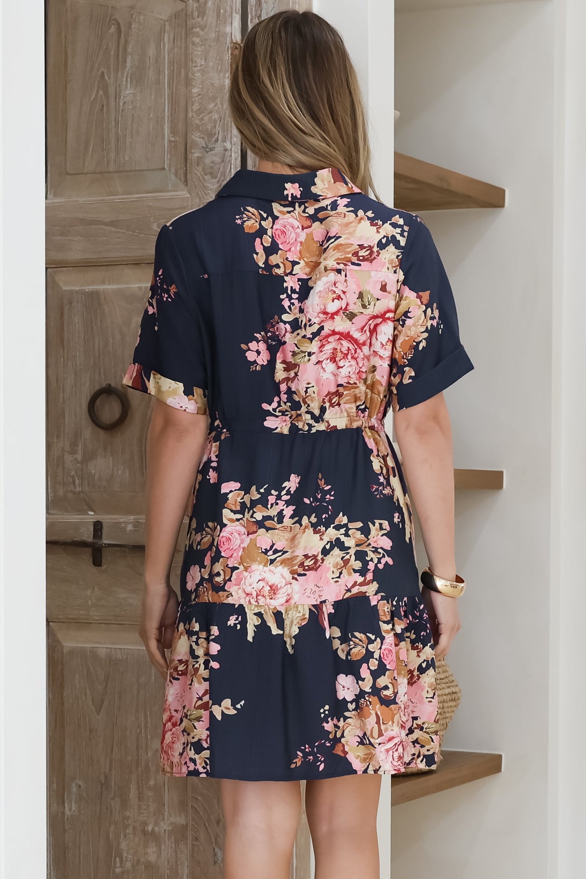 Apryl Mini Dress - Collared Short Sleeve Dress with Pull Tie Waist in Vela Print Navy