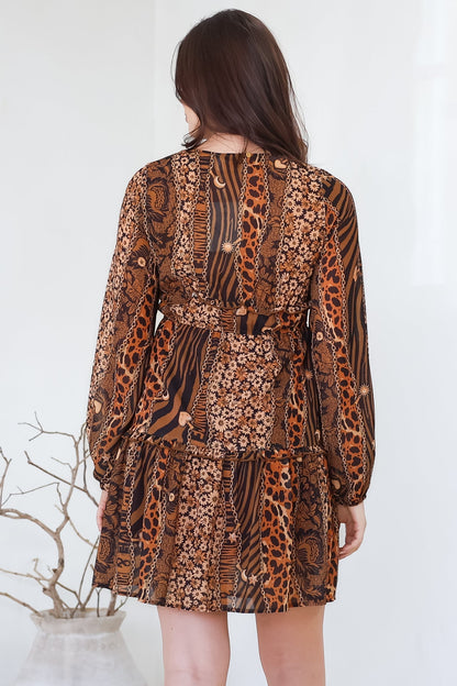 Arcadia Mini Dress - V-Neck Ruffle Splicing Long Sleeve Dress in Riley Print
