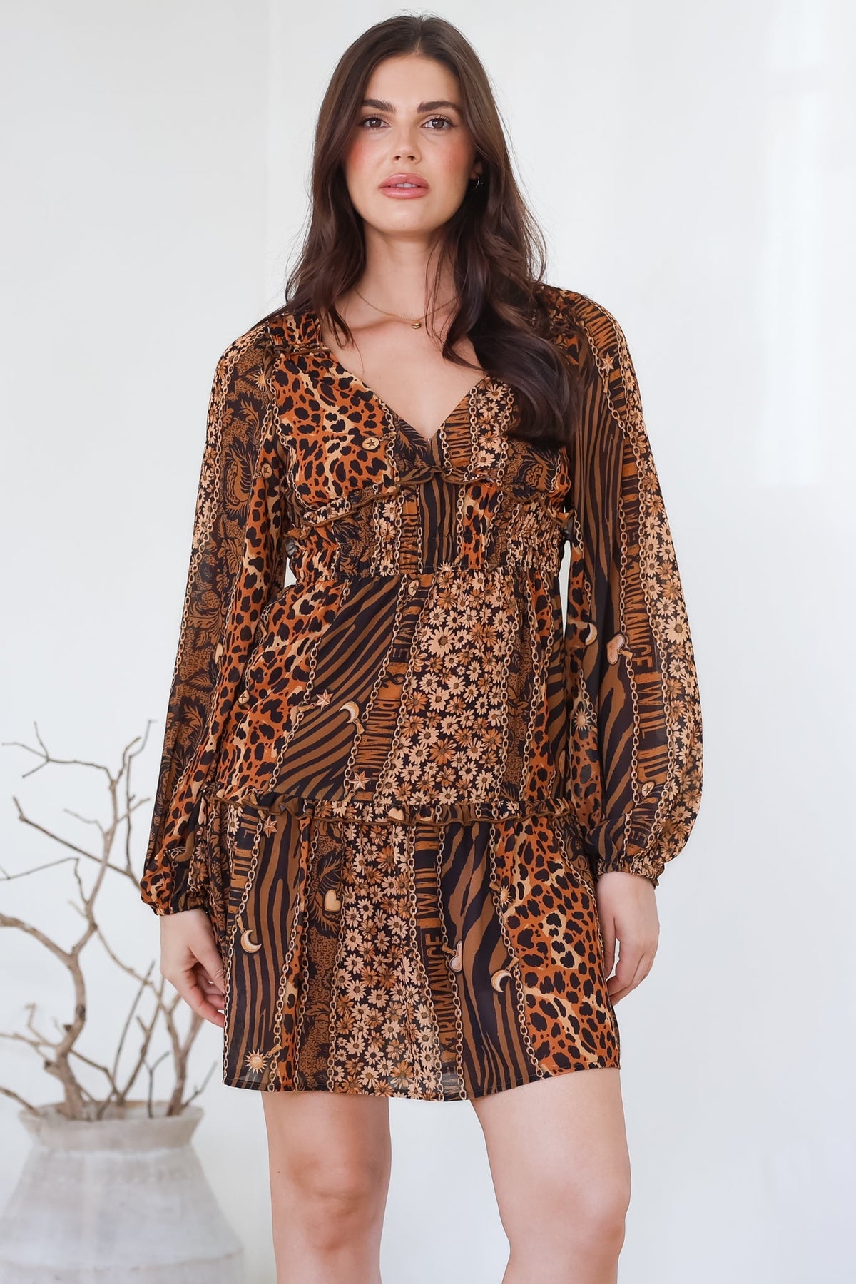 Arcadia Mini Dress - V-Neck Ruffle Splicing Long Sleeve Dress in Riley Print