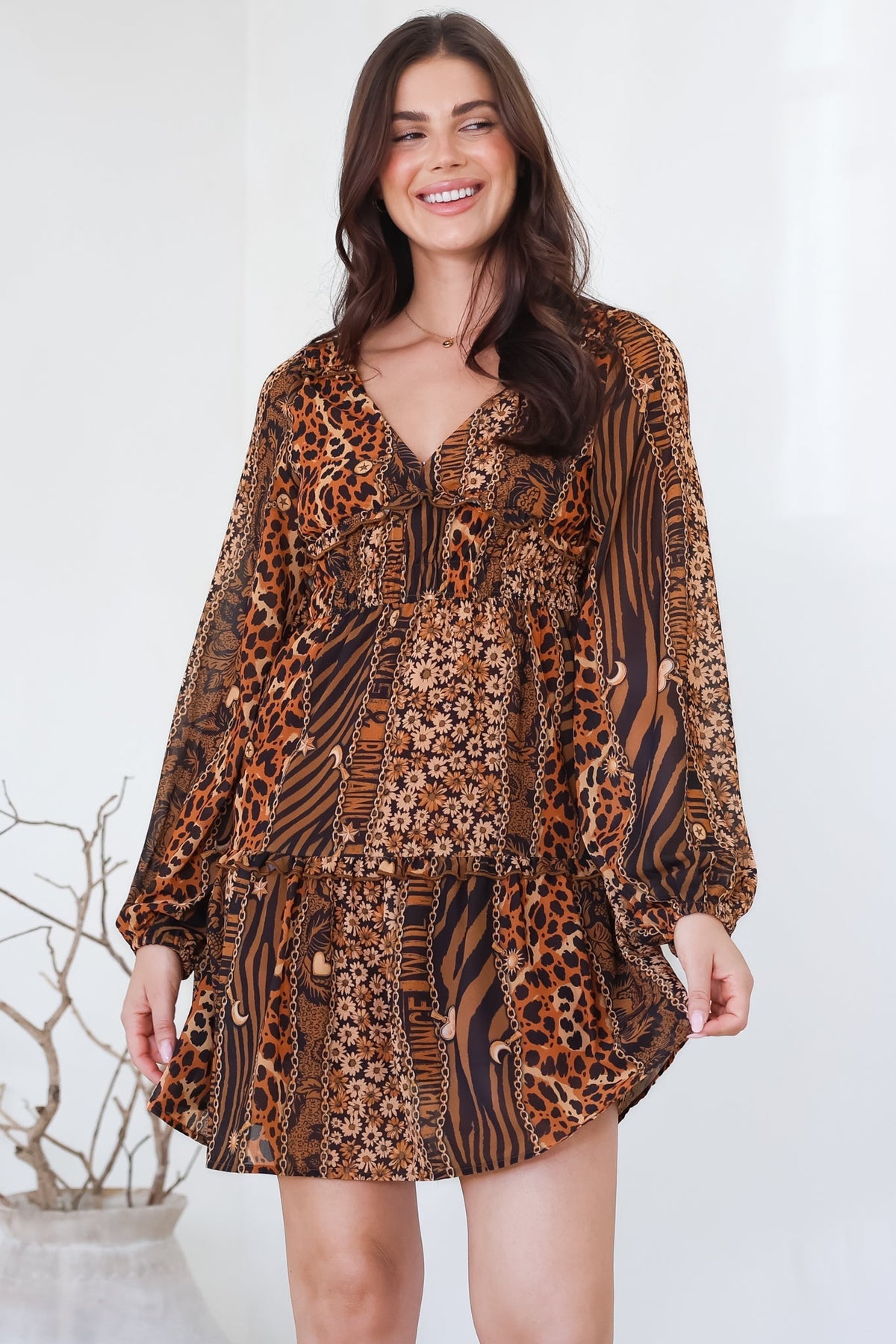 Arcadia Mini Dress - V-Neck Ruffle Splicing Long Sleeve Dress in Riley Print