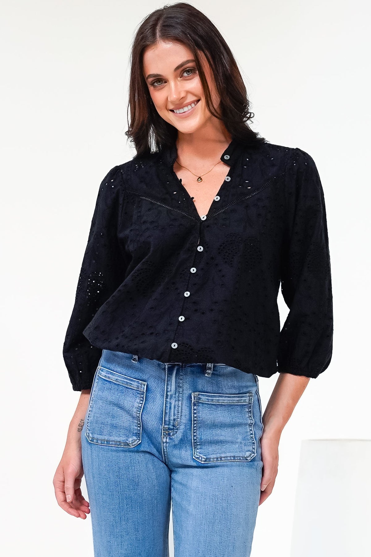 Ardena Blouse - Eyelet Embroidery Cotton Button Down with 3/4 Sleeves in Black