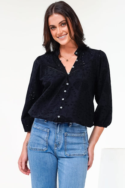Ardena Blouse - Eyelet Embroidery Cotton Button Down with 3/4 Sleeves in Black