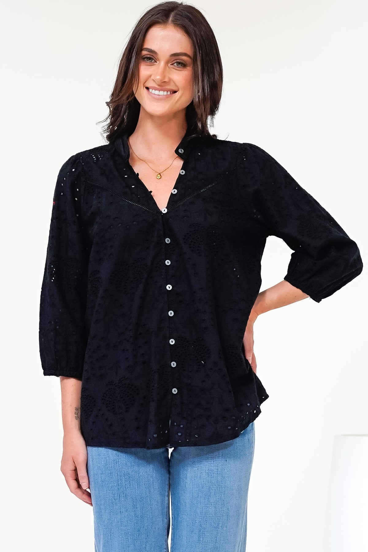 Ardena Blouse - Eyelet Embroidery Cotton Button Down with 3/4 Sleeves in Black