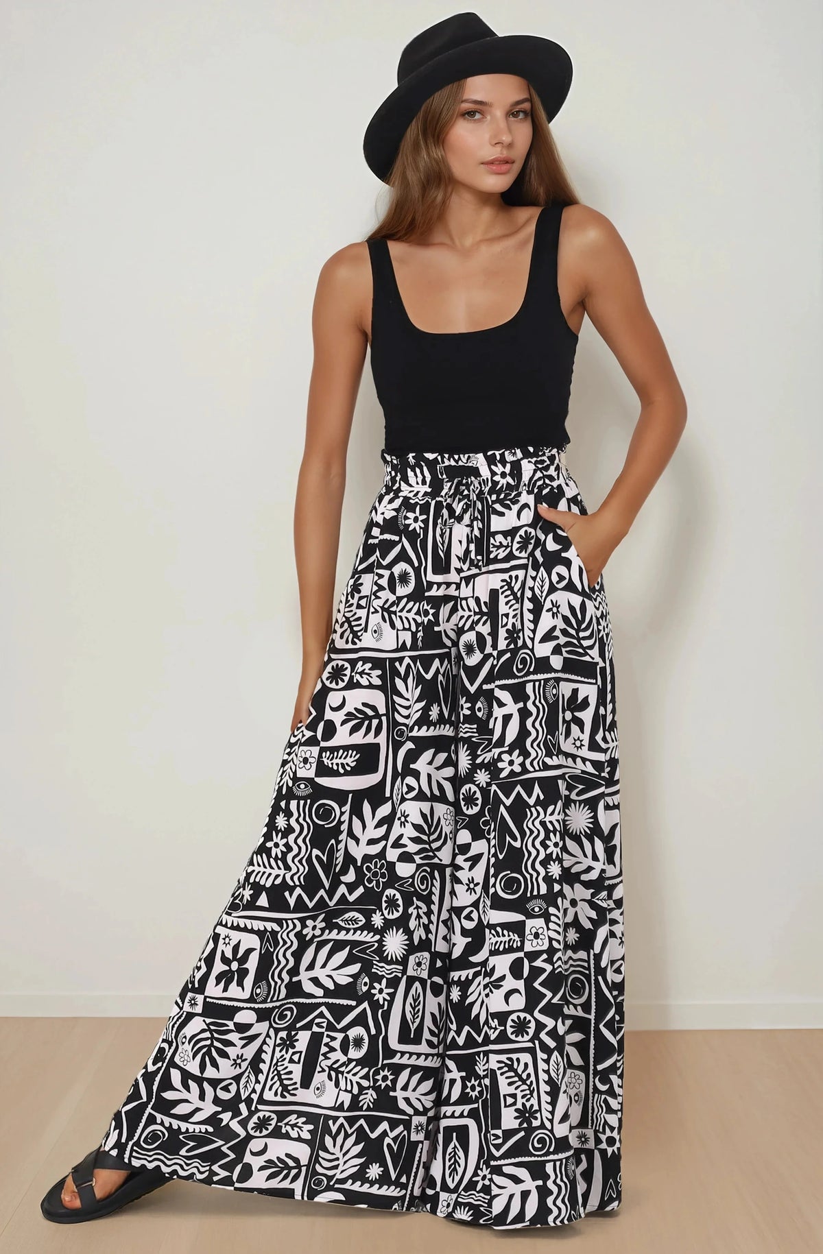 Ashora Pants - Paper Bag High Waisted Wide Leg Pants with Black & White Graphic Print