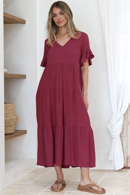 Audrina Midi Dress -  V-Neck Tiered Linen Dress with Pockets in Burgundy