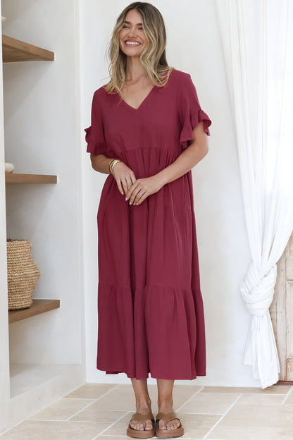 Audrina Midi Dress -  V-Neck Tiered Linen Dress with Pockets in Burgundy