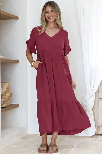 Audrina Midi Dress -  V-Neck Tiered Linen Dress with Pockets in Burgundy