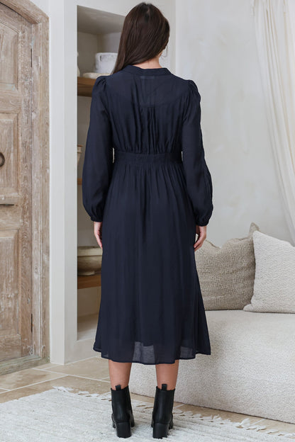Aylon Midi Dress - Delicately Detailed Mandarin Collar Dress with Long Sleeves in Navy