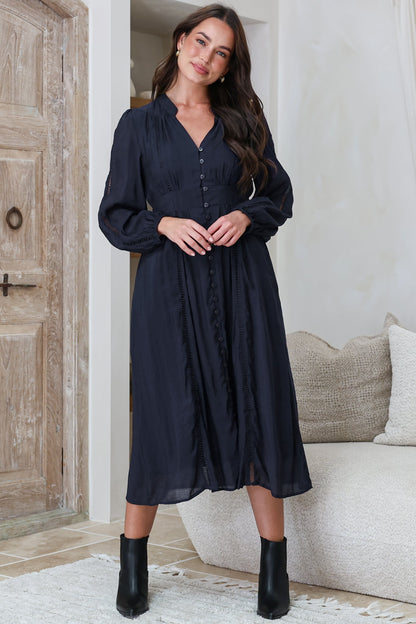 Aylon Midi Dress - Delicately Detailed Mandarin Collar Dress with Long Sleeves in Navy