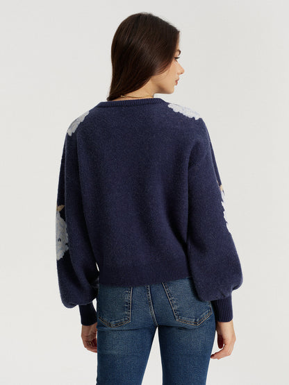 Floral Jacquard Balloon Sleeve Knit Top
