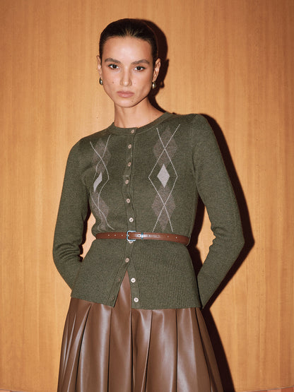 Argyle Wool-Blend Knit Cardigan without Belt