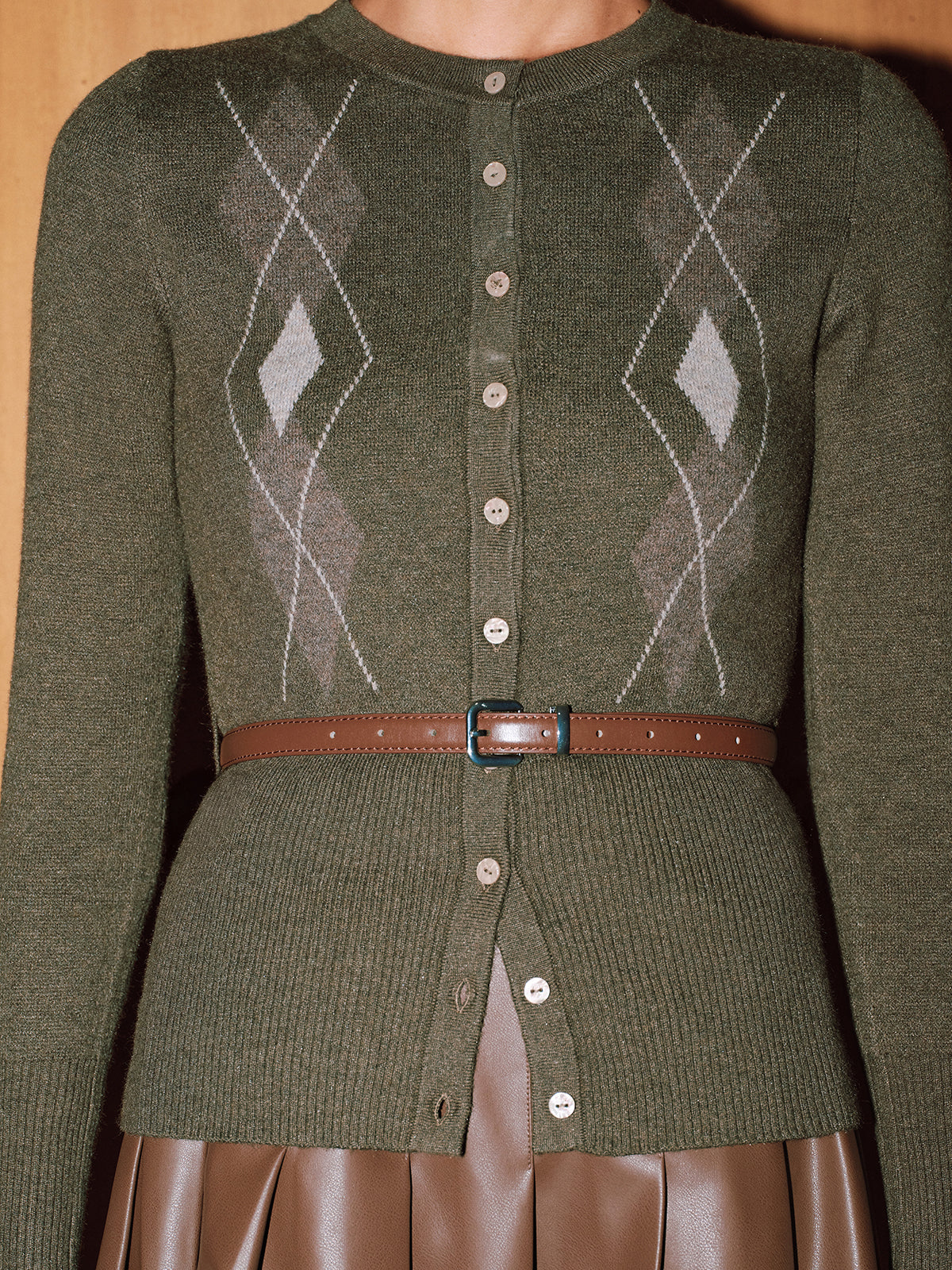 Argyle Wool-Blend Knit Cardigan without Belt