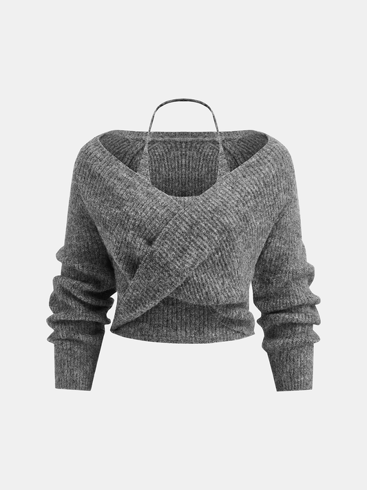 Wool-Blend Two-Piece Set Crossover Halter Knit Top