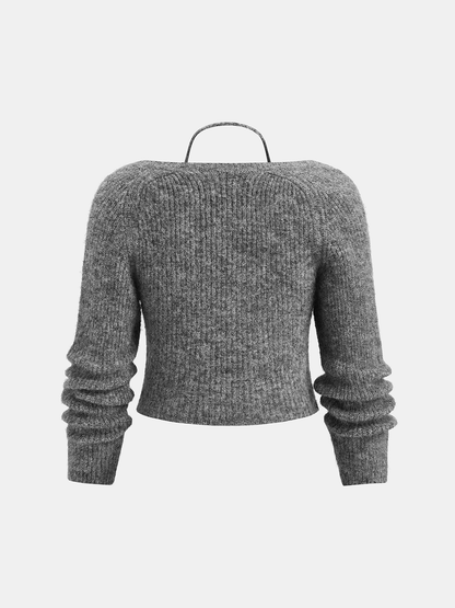 Wool-Blend Two-Piece Set Crossover Halter Knit Top