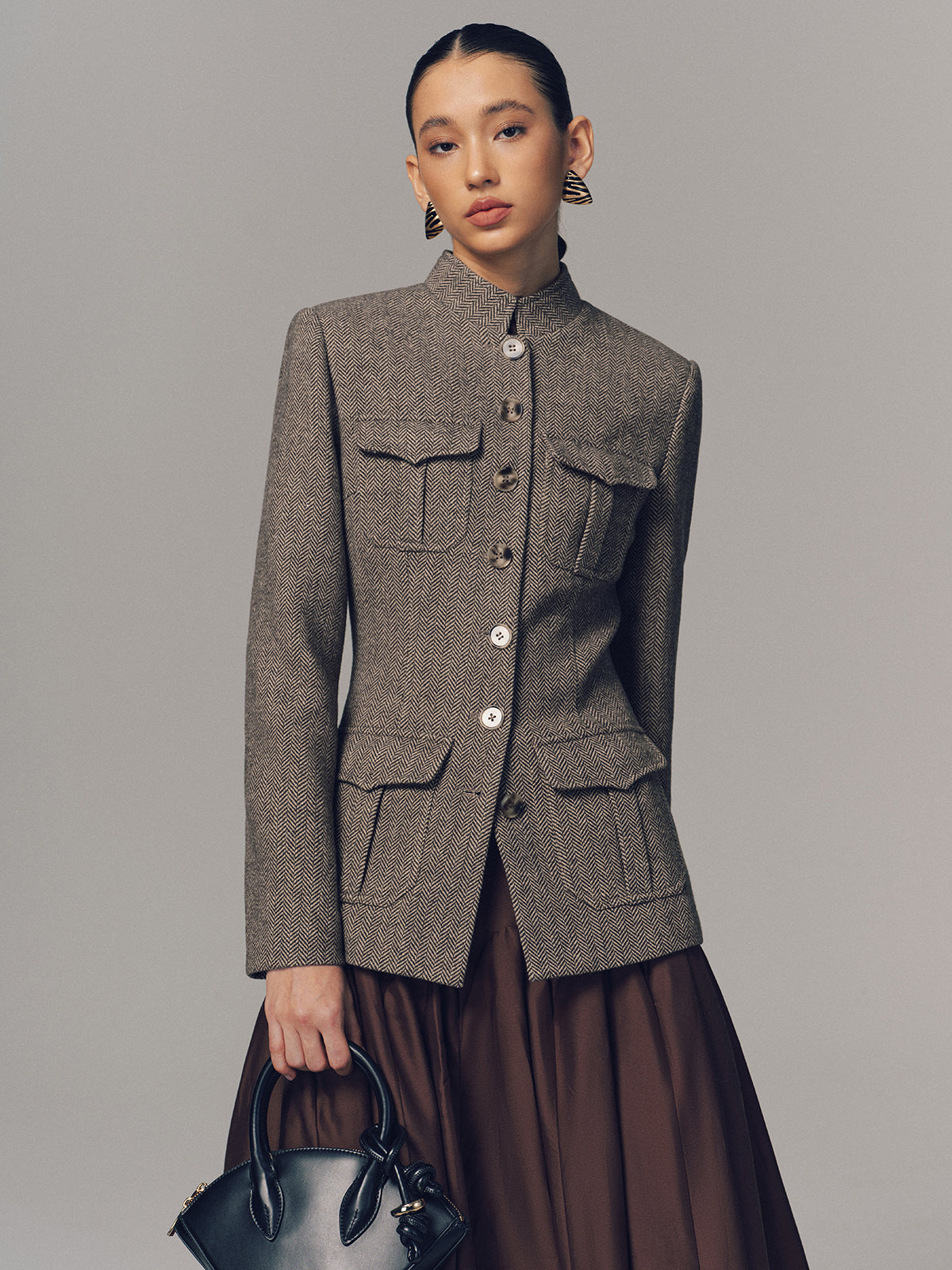 Herringbone Stand Collar Multi-Pocket Jacket