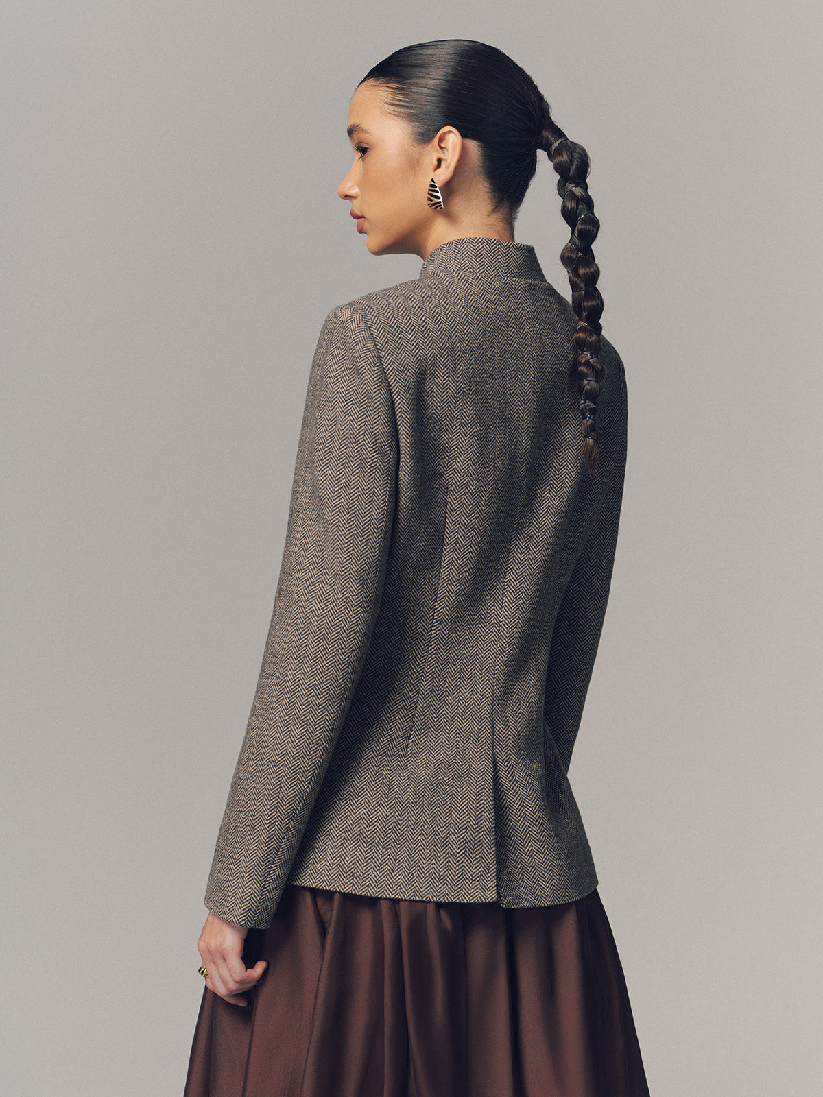 Herringbone Stand Collar Multi-Pocket Jacket