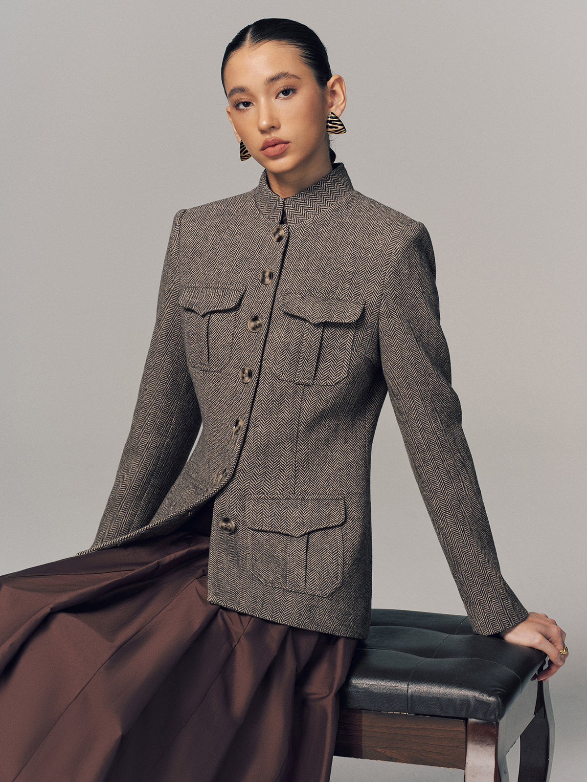 Herringbone Stand Collar Multi-Pocket Jacket